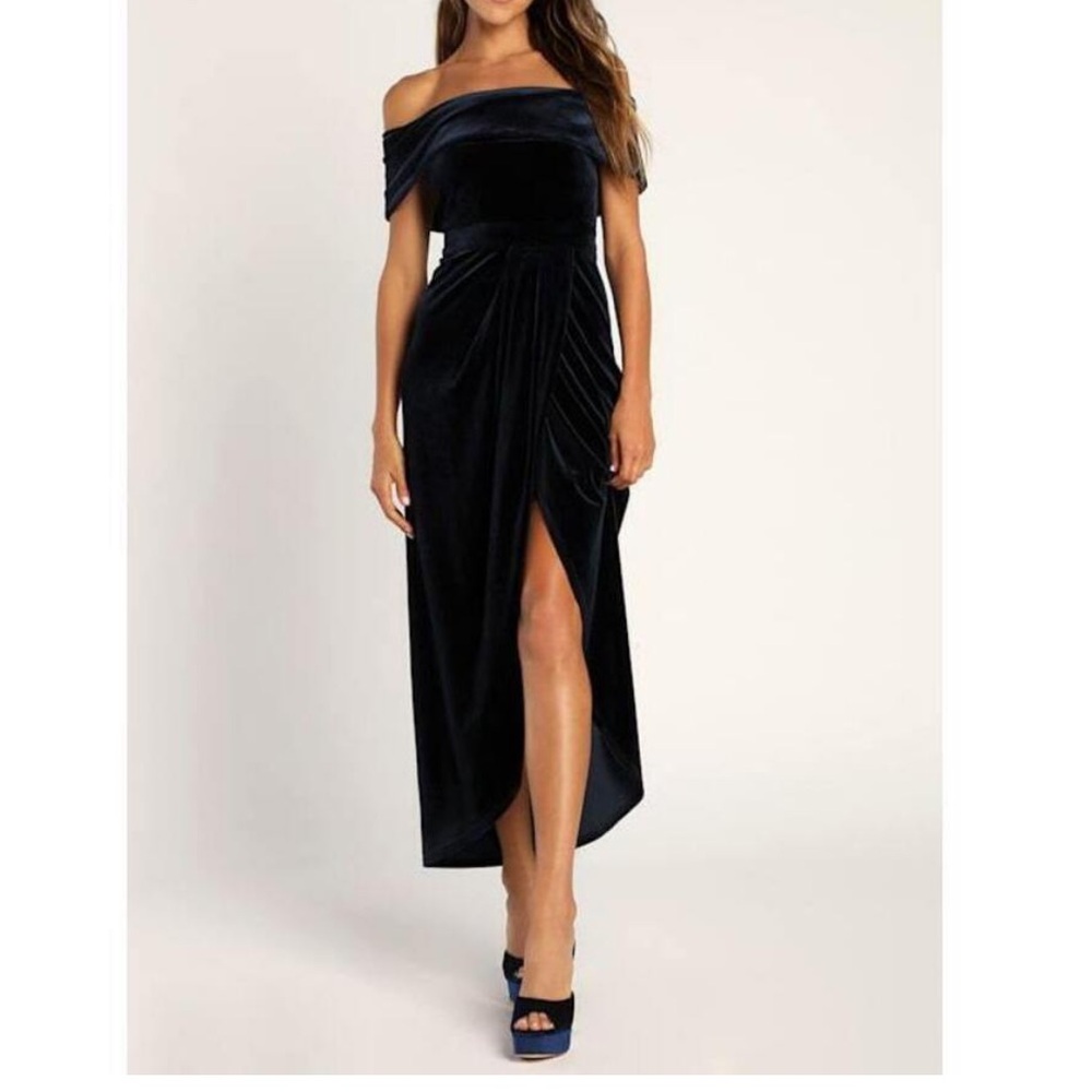 Lulu's I’m Enchanted Blue Off the Shoulder Maxi Blue Velvet Dress Large